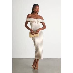 🥥 Lulus Baia Ivory And Taupe Striped Off-the-shoulder Midi Dress White - Size XL